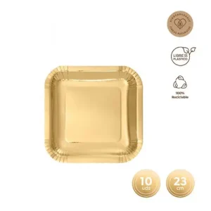 Platos Llano Cuadrado Oro Metalizado 23cm